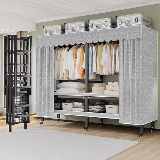 71in Foldable Portable Wardrobe Closet with Magnetic Door 2000lbs Heavy-duty Clothe Rack with Wheels and Cover Large Covered Clothing Coat Storage Organizer System (Grey zipper, 70.86in/5.9ft)
