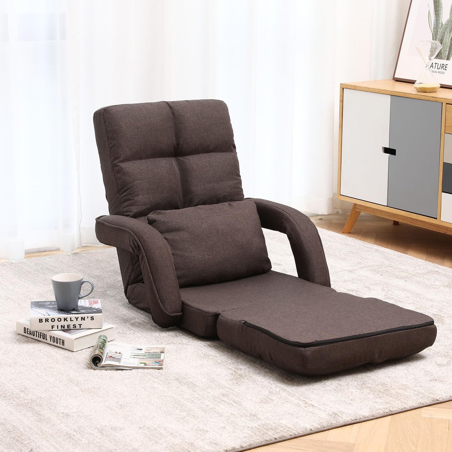 DeeLyan Indoor Floor Chair with Armrest and Pillow Folding Chaise Lounge Sofa 14-Position Adjustable Comfy Gaming Recliner Chair Padded Seats for Adults (Brown)
