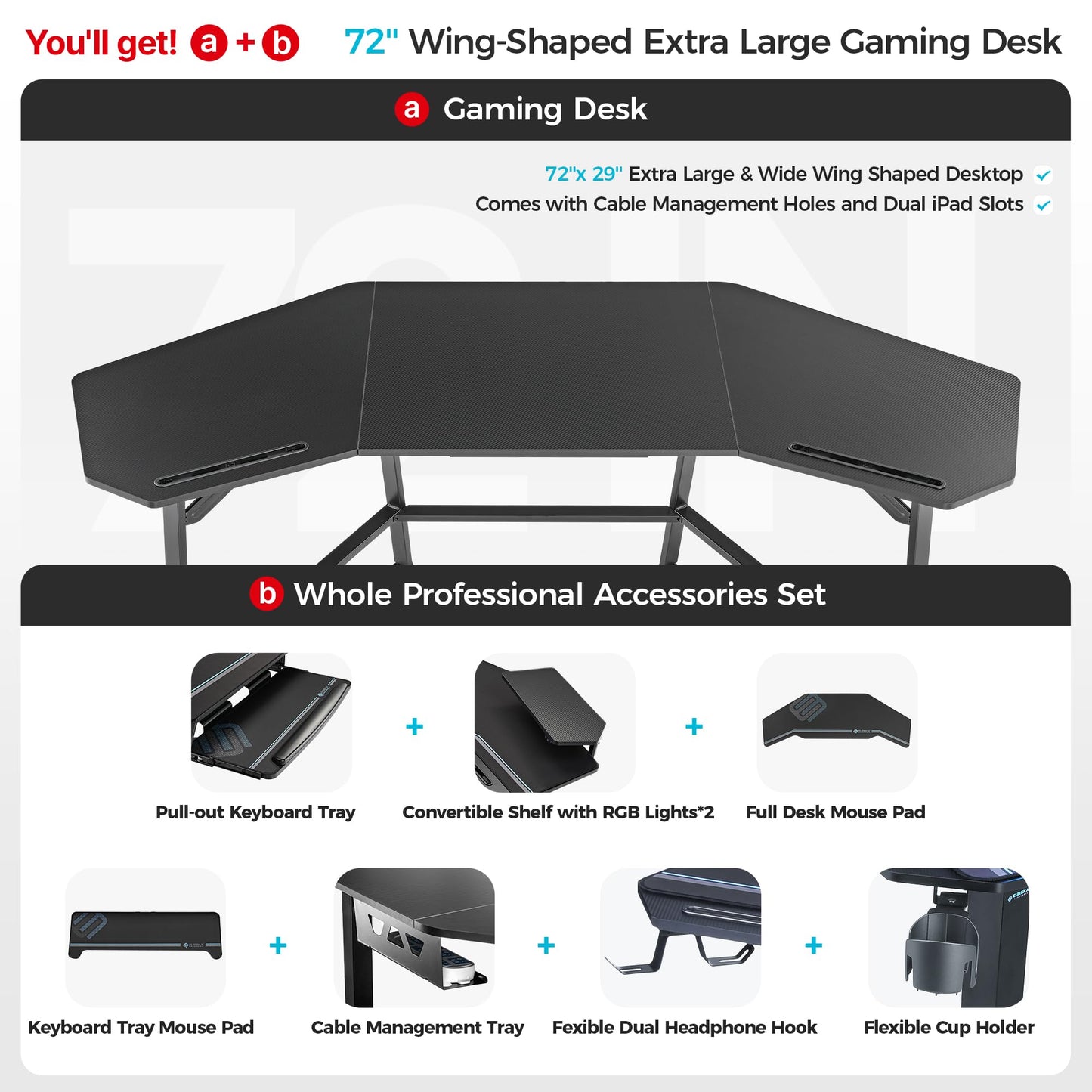 EUREKA ERGONOMIC Aero Gaming Desk with Led Lights, 72" Large Wing-Shaped Studio Desk W Keyboard Tray Monitor Stand Dual Headphone Hanger Cup Holder for Live, Streamer
