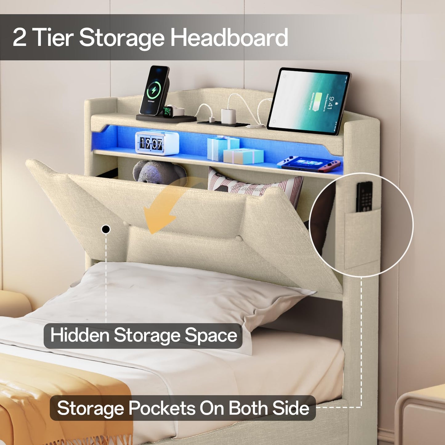 VINTLJUS Twin Bed Frame, Twin Bed Frames with Storage Headboard, Upholstered Twin Size Bed Frame with Drawers, Charging Station and LED Lights, Easy Assembly, Beige