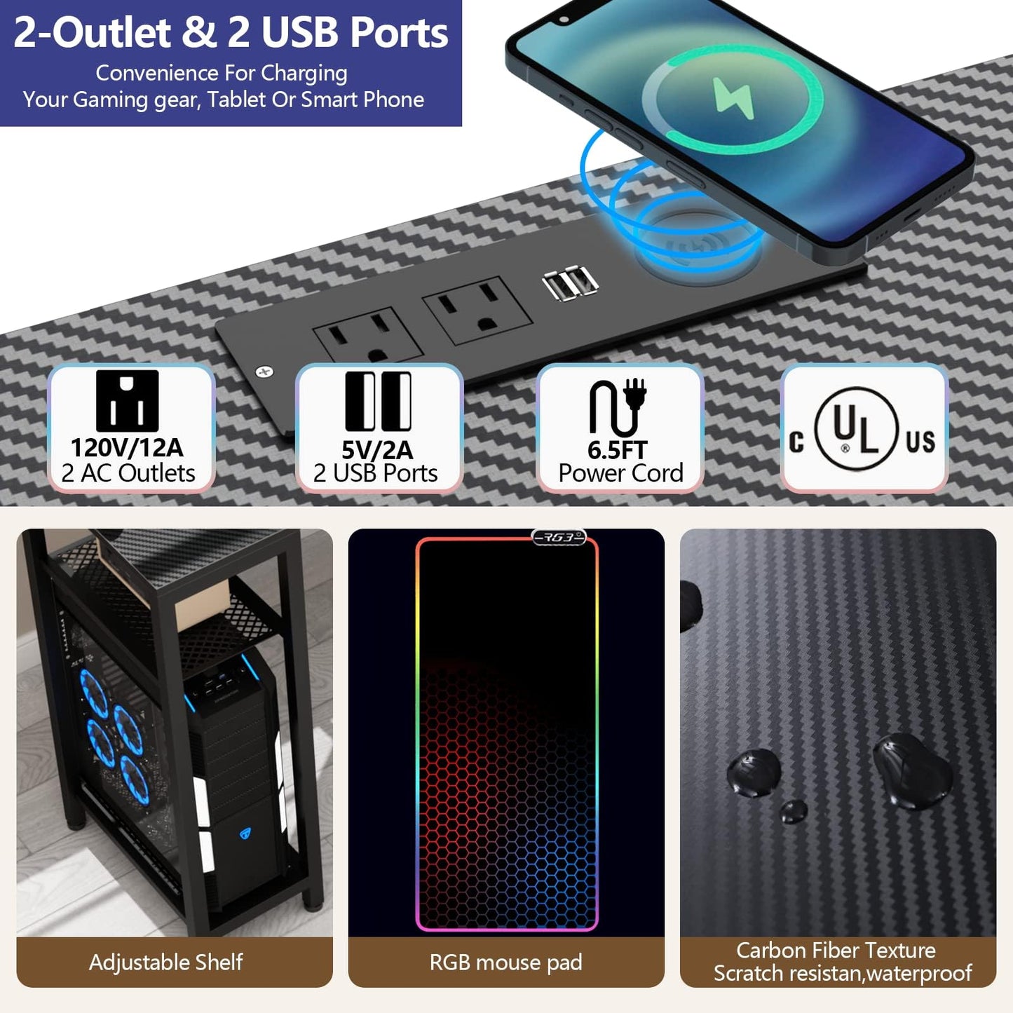 Gyfimoie Gaming Desk with Power Outlets & LED Lights, 63" Wing-Shaped Computer Desk with Full Monitor Stand,Wireless Charging,Shelves,RGB Mouse Pad, Studio Desk Corner Desk with Headphone Hook (Black)