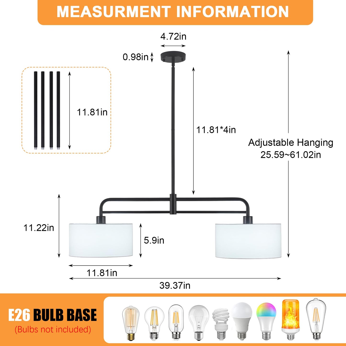 40" Linear Pendant Light for Kitchen Island,2-Light White Linen Drum Light Fixtures with Black Metal Linear Light Fixture for Dining Room Farmhouse Chandelier over Table,Bar Living Room,E26
