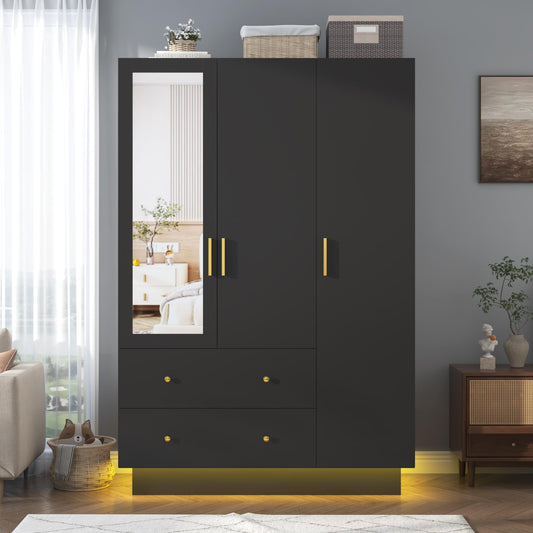 3 Doors Armoire Wardrobe Closet with Mirror, LED Storage Cabinet with Drawers, Wooden Closet with Hanging Rod, Adjustable Shelves, Black