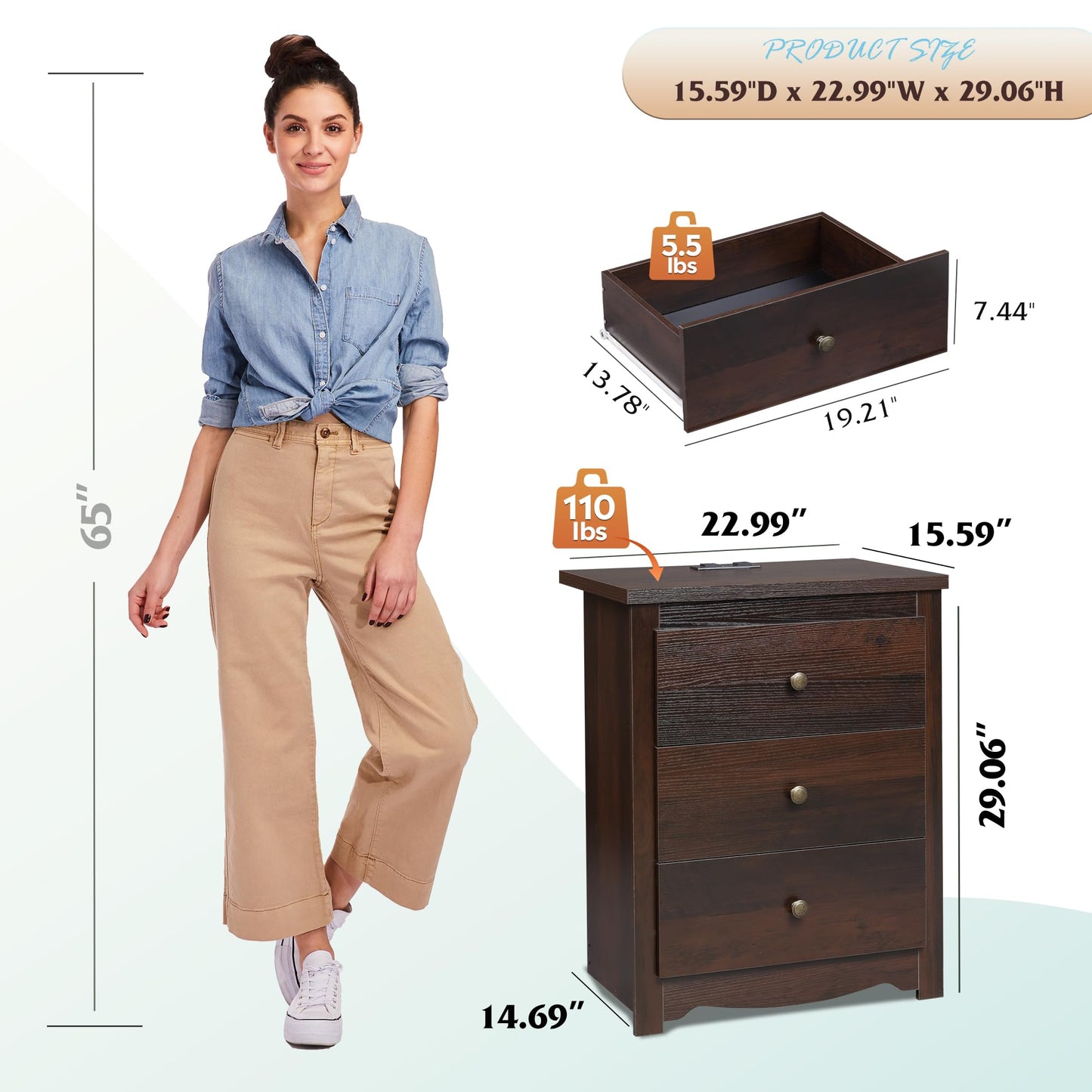 WLIVE Tall Nightstand with Charging Station, Wood Nightstand with 3 Drawers, Bedside Tables Bedroom, Dorm, End Table with 2 USB Ports and 2 AC Outlets, Bedside Table, Espresso