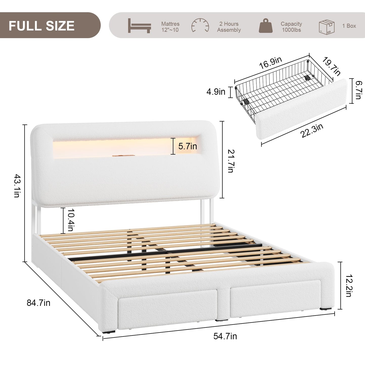 VINTLJUS Full LED Bed Frame with Storage Headboard & Charging Station, Kids Bed Frames with Bookcase, Teddy Fleece Upholstered Platform Bed Frames with 2 Storage Drawers, Noise Freed, Beige