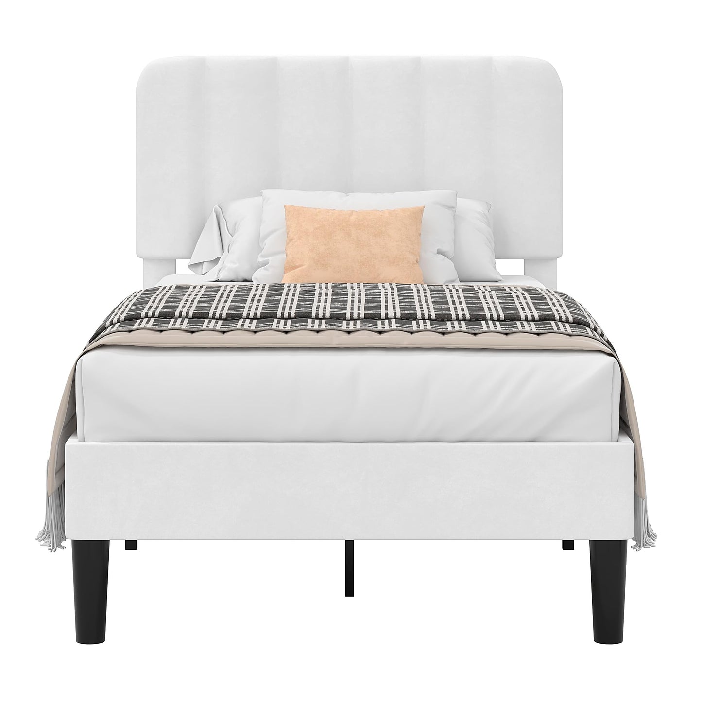 VECELO Twin Size Bed Frame with Upholstered Headboard, Velvet Platform Bedframe Mattress Foundation, Strong Wood Slat Support, No Box Spring Needed,White