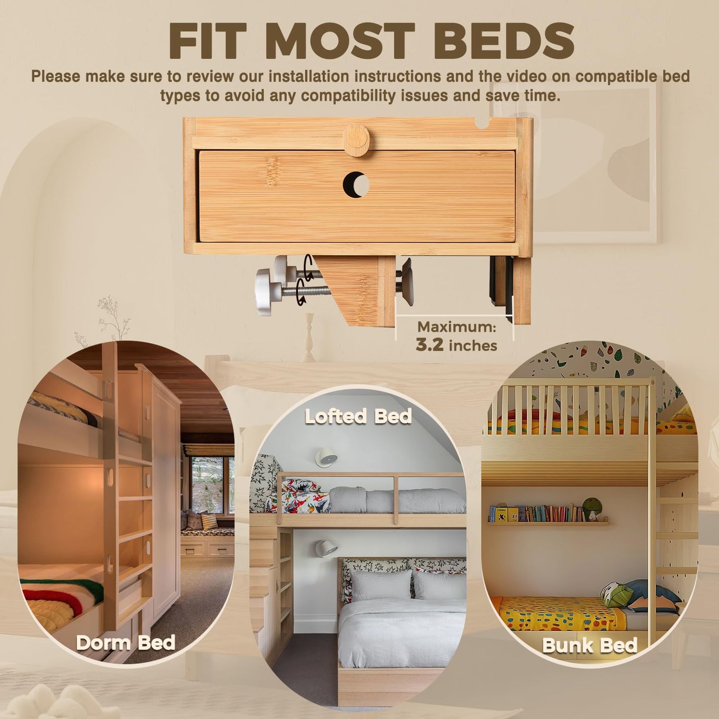 Vekkia Natural Bamboo Bedside Shelf with Drawers - For College Dorm Bunk Beds, Blending Decor and Storage