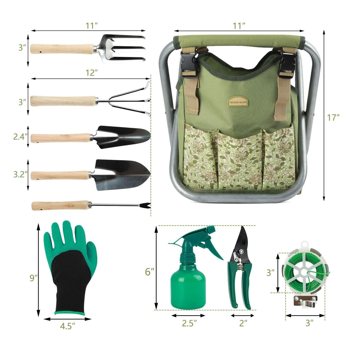12 pcs Garden Tools Stool, Gardening Hand Tools Set with Folding Chair Seat and Garden Storage Tote Bag, Garden Tools Carrier, Digging, Gardening Gifts Set for Mom/Dad and Gardeners. Green