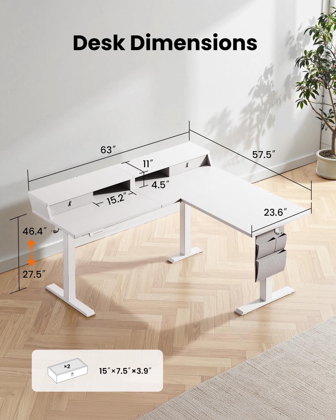 ErGear L Shaped Electric Standing Desk, 63" Ergonomic Corner Height Adjustable Desk with Drawers, Sit Stand Computer Table with Storage for Work Office Home, White