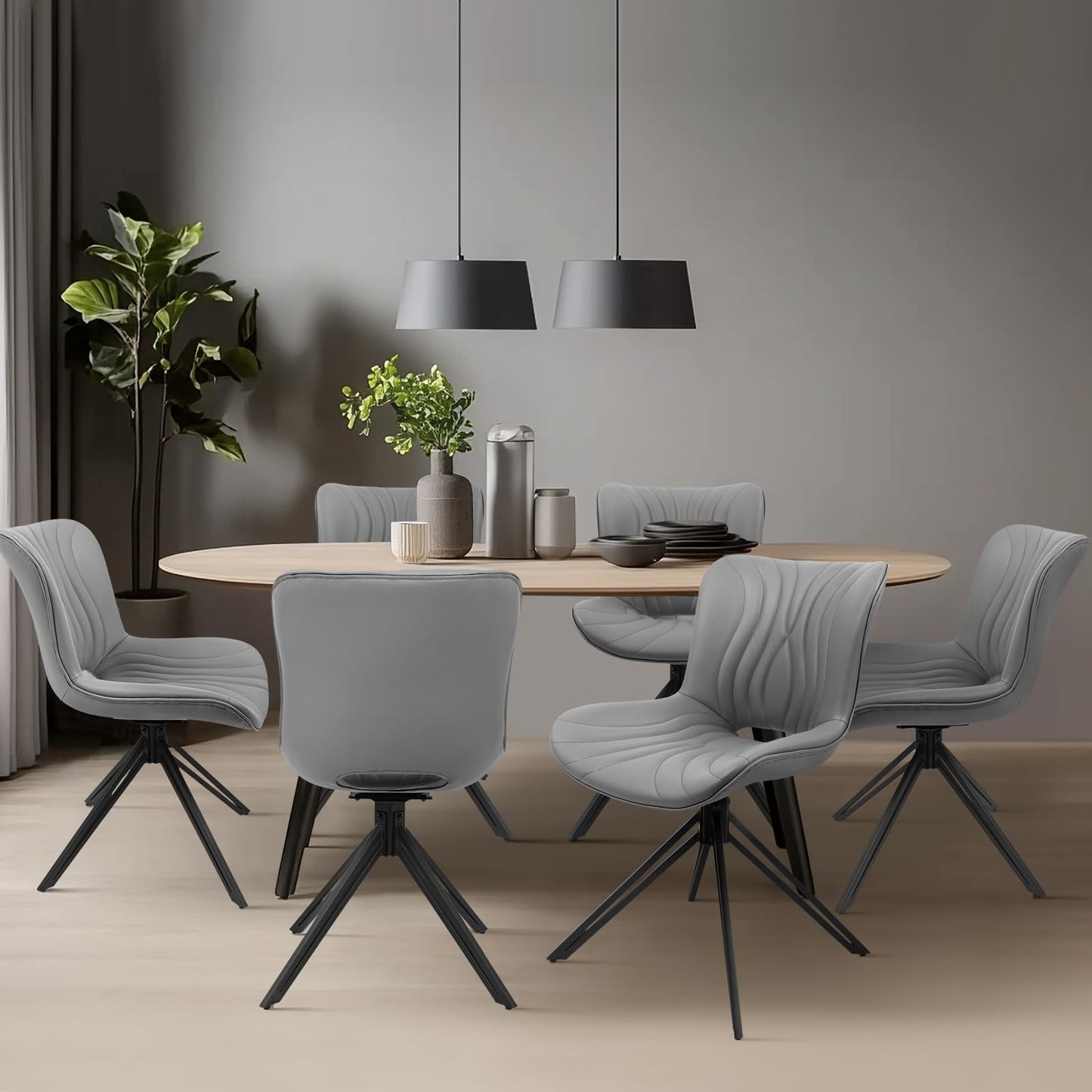 VATROS Dining Chairs Set of 6, 360° Swivel Upholstered Mid-Century Modern Kitchen Dining Room Chairs, Armless Faux Leather Accent Side Chair with Padded Back, Metal Legs for Living Room Bedrooms,Grey