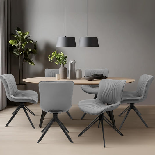 VATROS Dining Chairs Set of 6, 360° Swivel Upholstered Mid-Century Modern Kitchen Dining Room Chairs, Armless Faux Leather Accent Side Chair with Padded Back, Metal Legs for Living Room Bedrooms,Grey