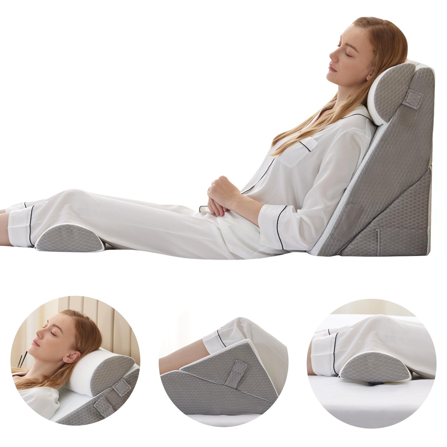 Bedluxe Adjustable 4pcs Bed Wedge Pillow Set, Memory Foam Wedge Pillows Post Surgery for Back, Neck, Leg Pain Relief, Pillow Wedge for Sleeping, Sitting up in Bed, Acid Reflux and GERD, White/Grey