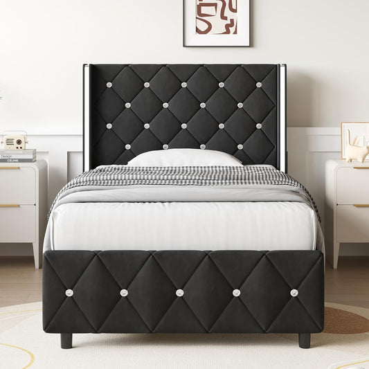 Twin Bed Frames, Upholstered Platform Bed Twin Size with Diamond Tufted Headboard, Modern Velvet Bed Frame with Wingback Design, No Box Spring Needed, Easy Assembly, Black