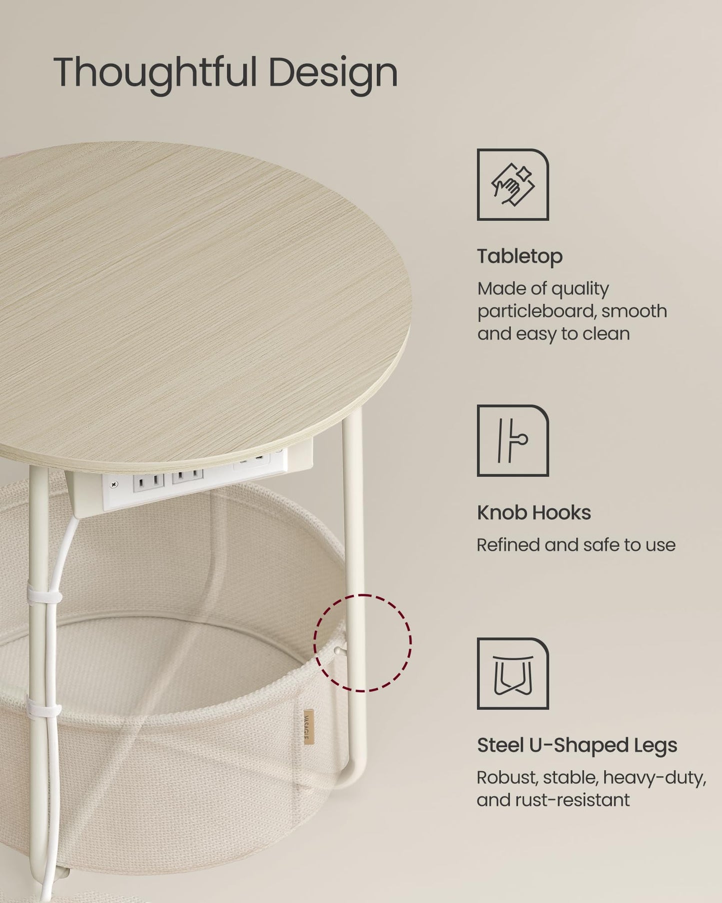 VASAGLE Side Table with Charging Station, Round End Table with Fabric Basket, Nightstand with Power Outlets, USB Ports, for Living Room, Bedroom, Modern, Cream White ULET228N01