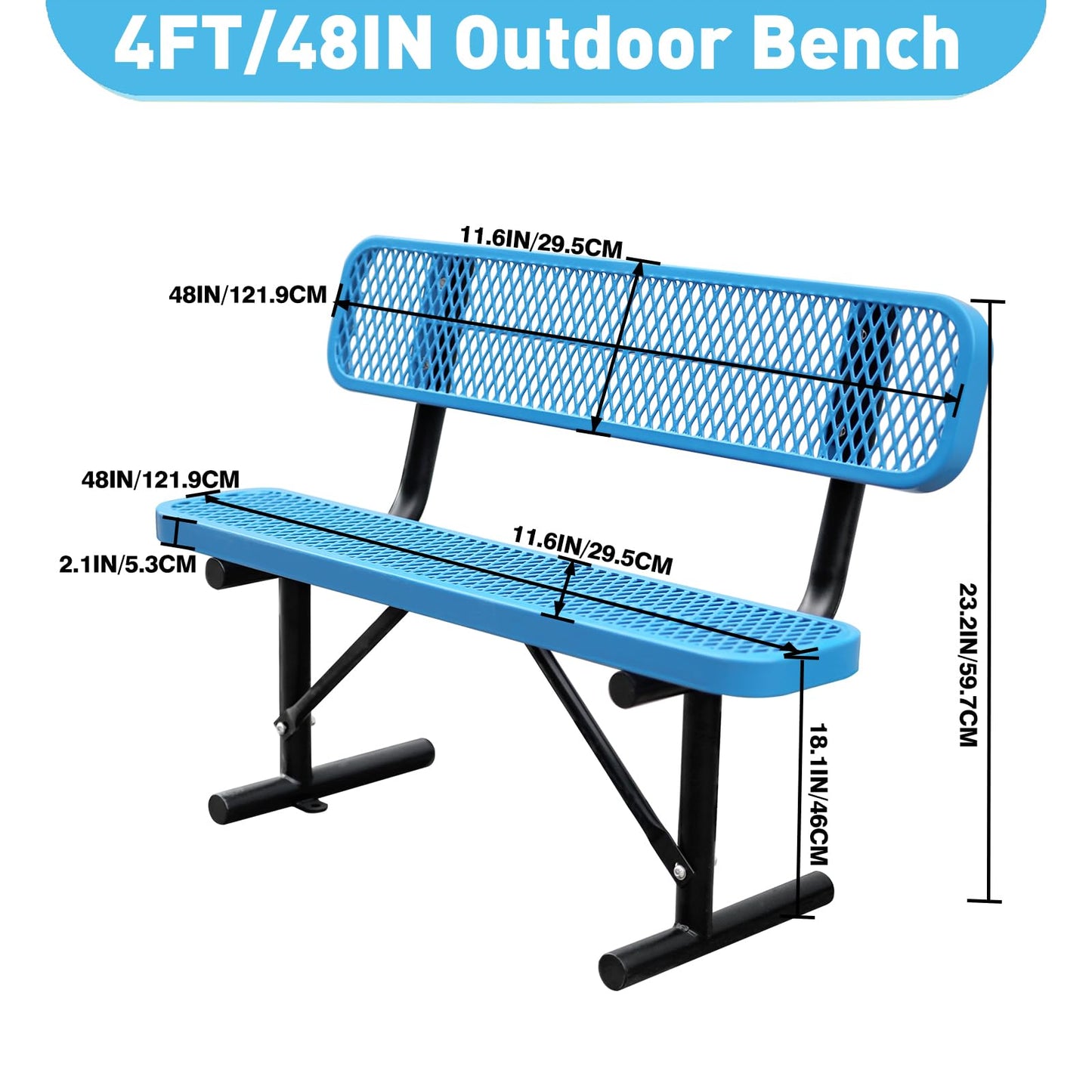 4Ft Outdoor Bench with Back Portable Frame, Outdoor Steel Park Bench with Backrest, Expanded Metal Mesh Bench for Outside, Lawn, Backyard, Park, Garden, Patio, Porch, Bule