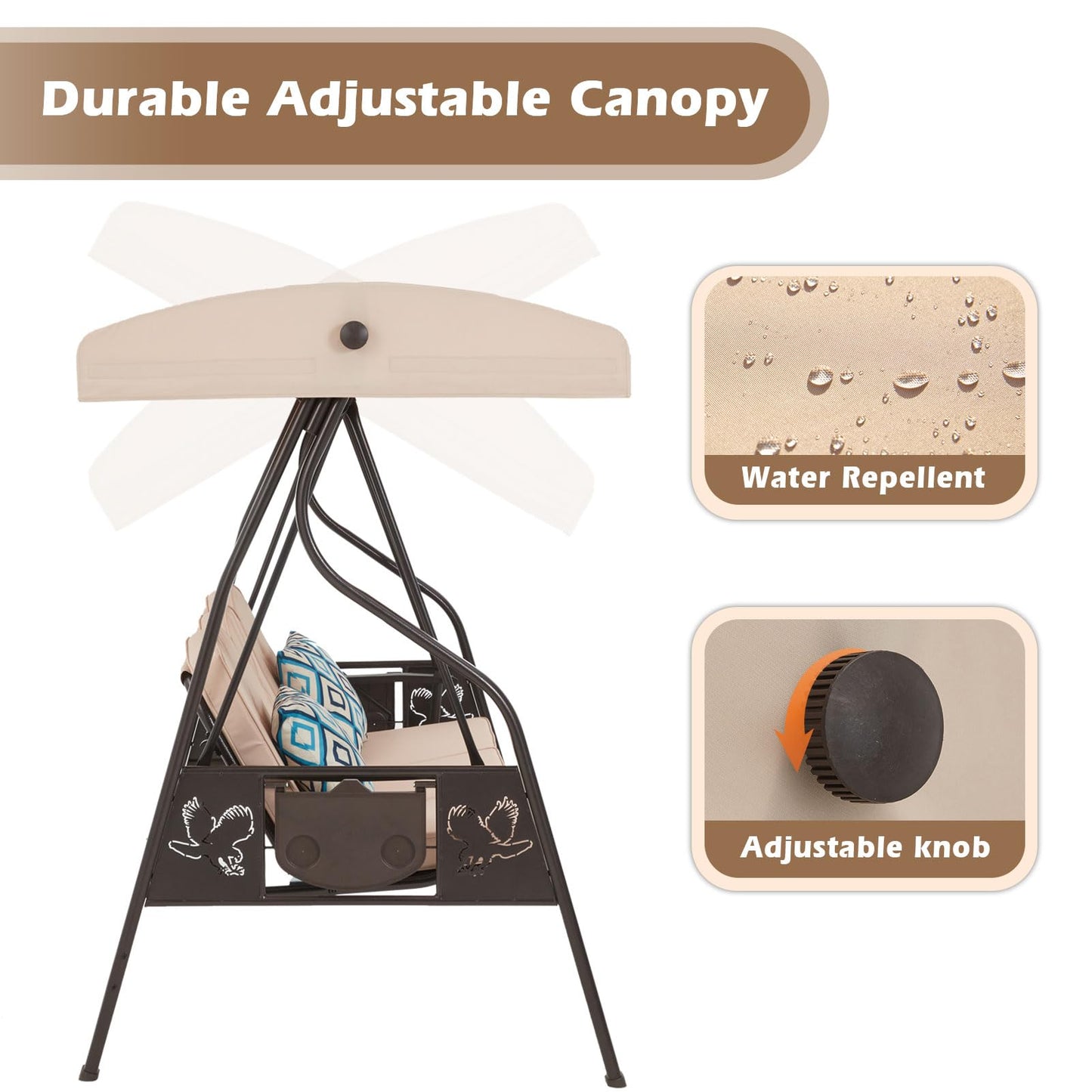 ZZW 3-Seat Outdoor Porch Swing with Stand, Patio Swing with Canopy, 2 in 1 Porch Swing Bed & Patio Swing Chair for Adult, w/Extra Pillows and Cup Holder for Yard