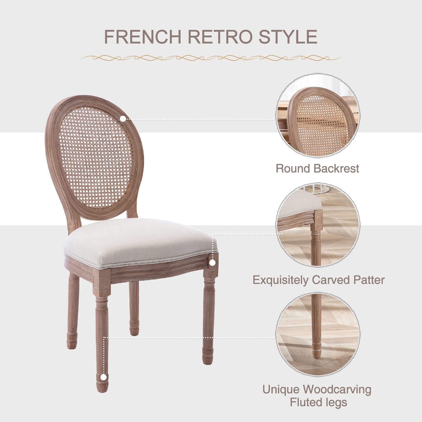 Virabit French Dining Chairs Set of 4, Rattan Farmhouse Upholstered Dining Chairs with Curved Backrest and Beautifully Carved Solid WoodFrame for Living Room, Kitchen, Restaurant