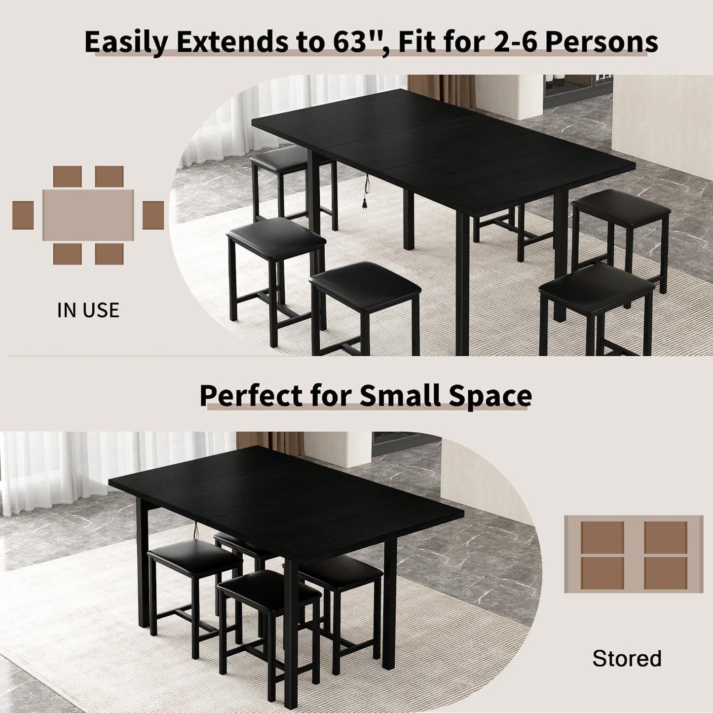 VECELO 7-Piece Dining Table Set with 6 Square Stools, 63" Expandable Kitchen Table with USB Charging & Metal Frame for 2/4/6, Wood Dinette Perfect for Small Spaces, Easy Assembly, Black