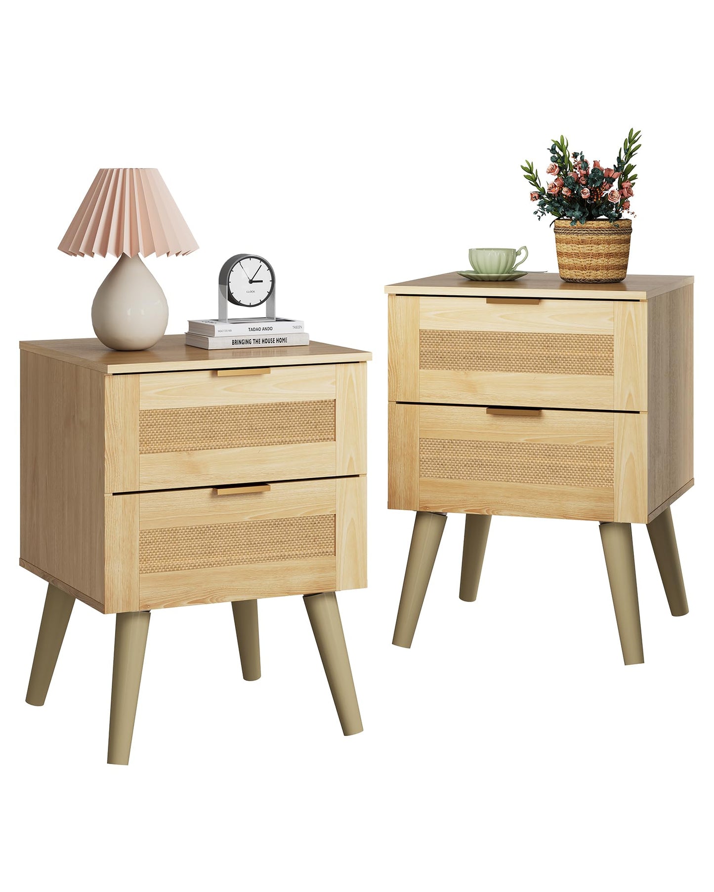 WLIVE Wood Nightstand Set of 2, Night Stand Sets with 2 Rattan Decor Drawers, End Tables with Solid Legs, Bed Side Table for Bedroom, Living Room, Natural Oak