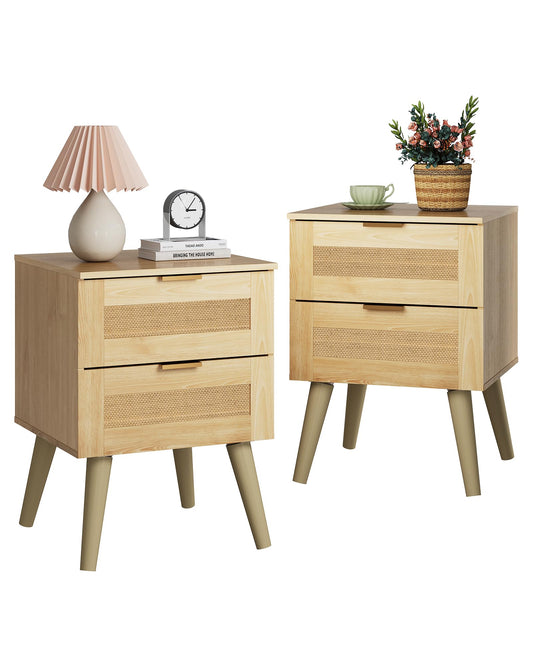 WLIVE Wood Nightstand Set of 2, Night Stand Sets with 2 Rattan Decor Drawers, End Tables with Solid Legs, Bed Side Table for Bedroom, Living Room, Natural Oak
