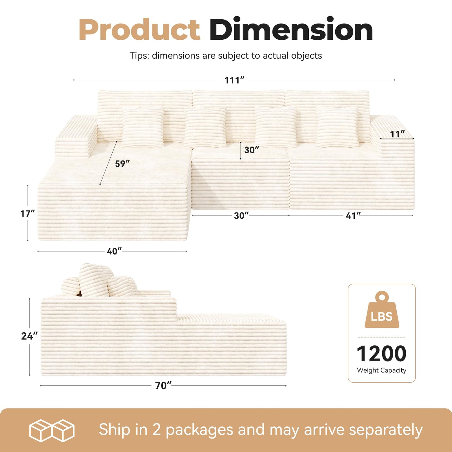 111‘’ Modular Sectional Cloud Couches with L Shaped Chaise, Upholstered Deep Seat Boneless Sofa for Living Room, Bedroom, No Assembly Required-Beige