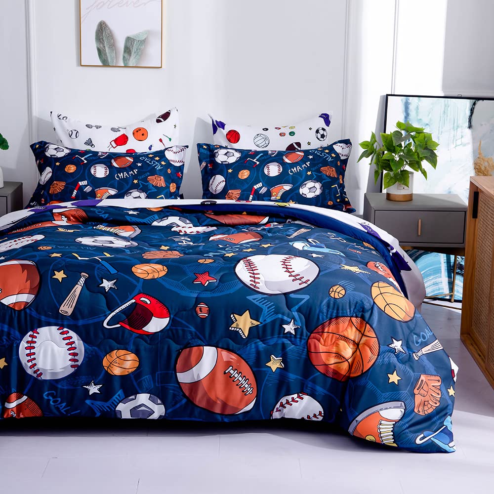 Wajade Sports Comforter Set - 7 Piece Queen Bedding with 3D Soccer, Basketball, Baseball, Football Design for Kids