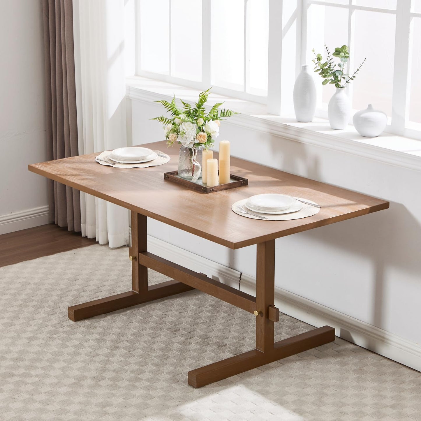 Ya-Home 63 Inch Farmhouse Dining Table for 4-6 People, Rectangular Wood Rustic Kitchen Table Dinner Table for Dining Room Living Room, Antique Brown