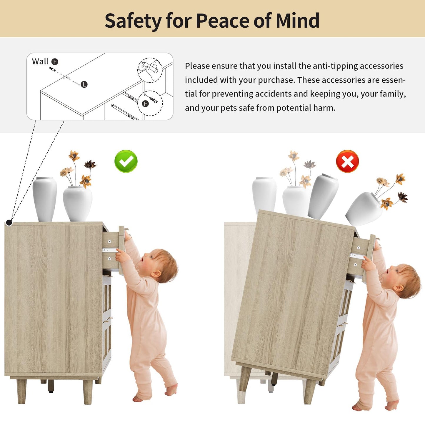 51" Rattan Dresser for Bedroom, 6 Drawer Wide Dresser, Boho&Farmhouse Chest of Drawers, Clothes Storage Cabinet, Metal Handle&Wood Legs for Hallway, Living Room, Bedroom, Wood