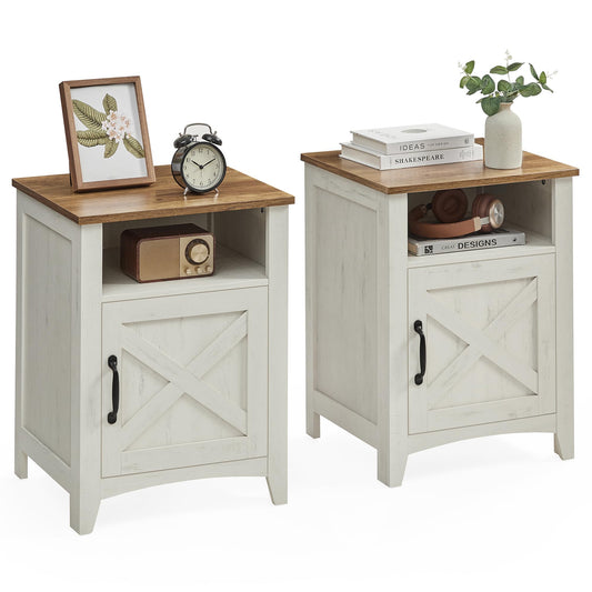 VASAGLE LIRY Collection - Farmhouse Nightstand with Barn Door, Set of 2, Bedside Table with Storage, Side End Table, Night Stand, Open Compartment, for Bedroom, Rustic White and Honey Brown ULET809K41