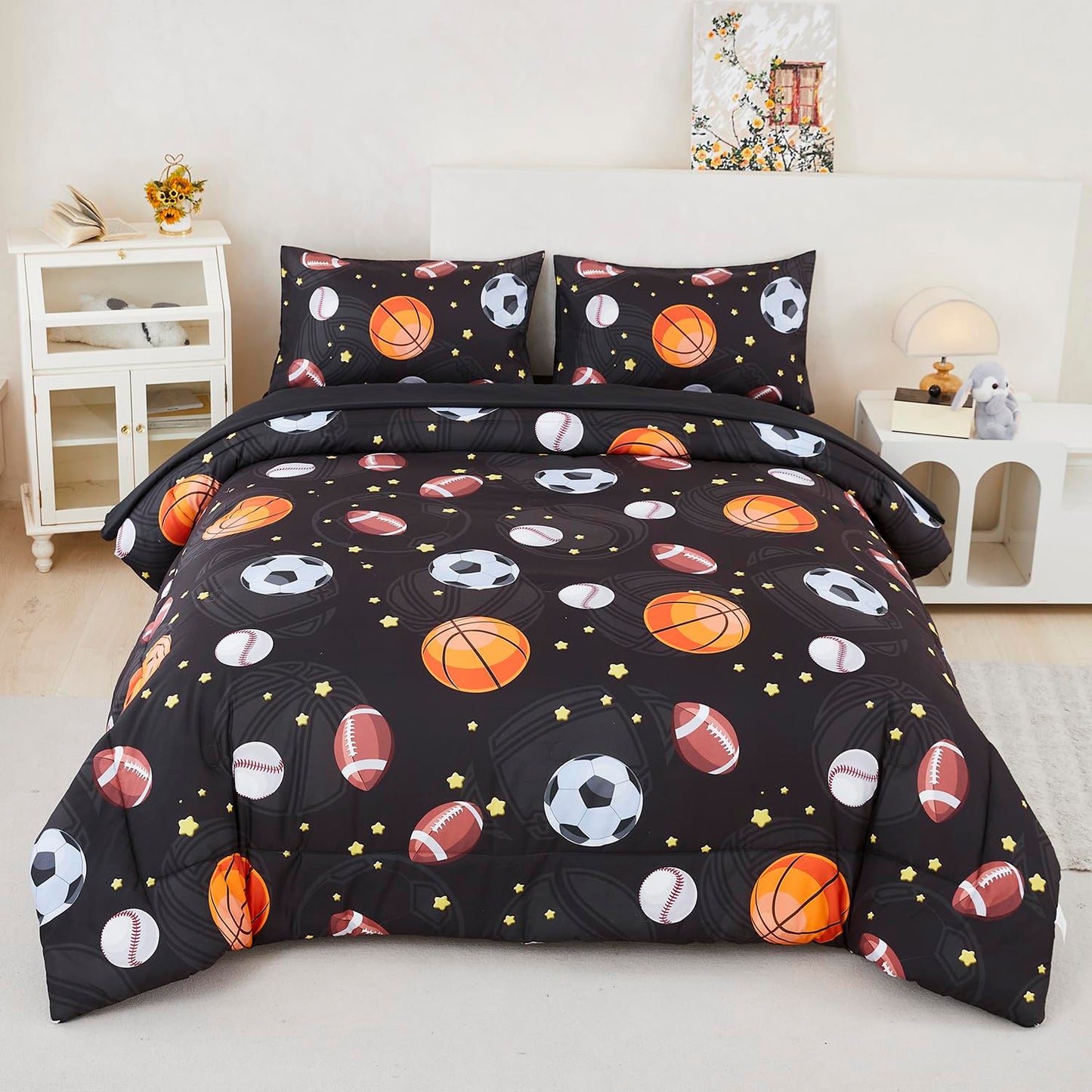 ZSYAYAHA Twin Bedding Set with Comforter 5 Pieces Boys Basketball Bedding Set Kids Sports Bed Set Soft Fluffy Baseball Soccer Bed in A Bag for All Season(Black Balls, Twin)