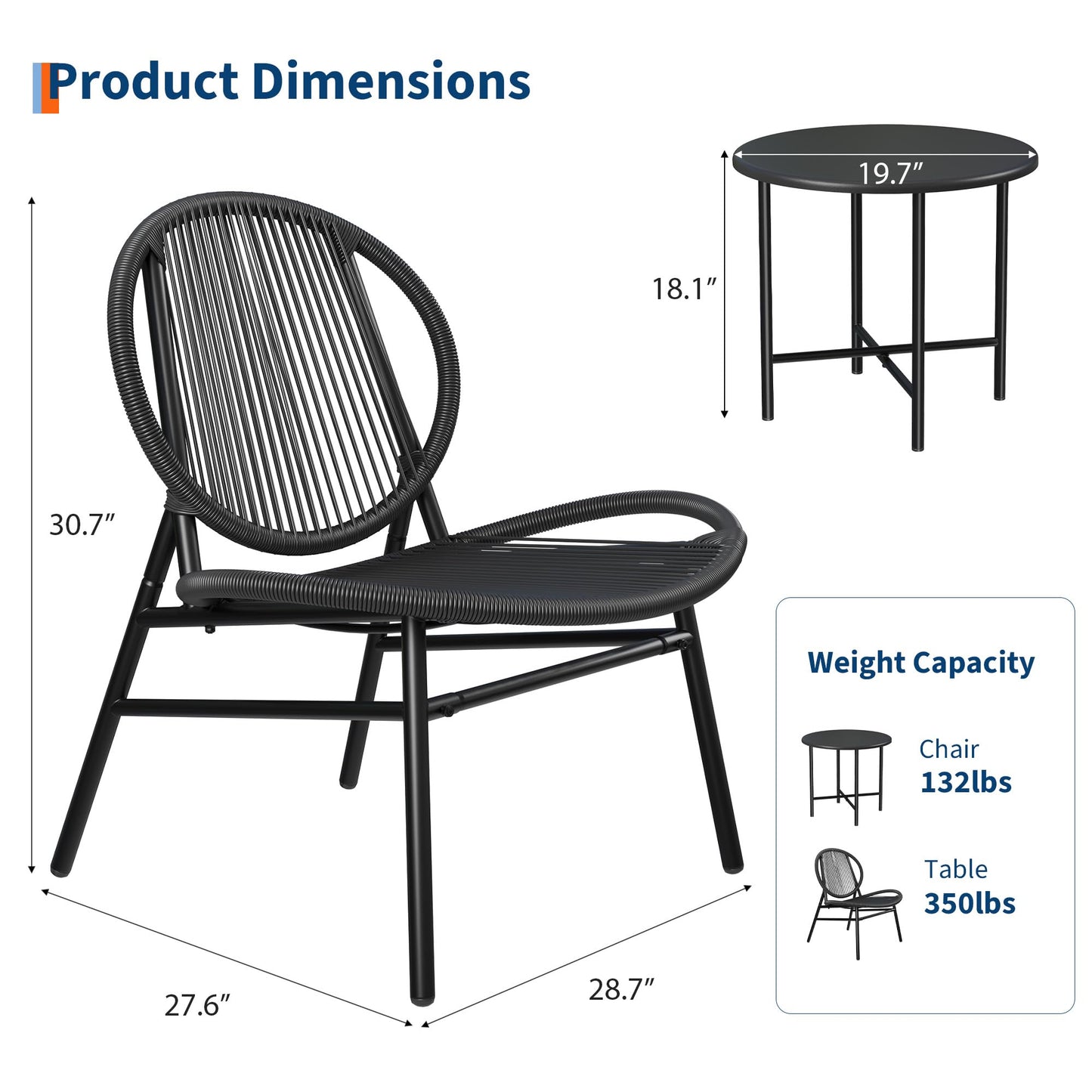3 Piece Patio Bistro Set, Outdoor Seating Acapulco Chairs, All Weather Modern Patio Chairs Set of 2 with Side Table, Small Patio Conversation Bistro Set for Garden, Backyard, Balcony, Porch, Black
