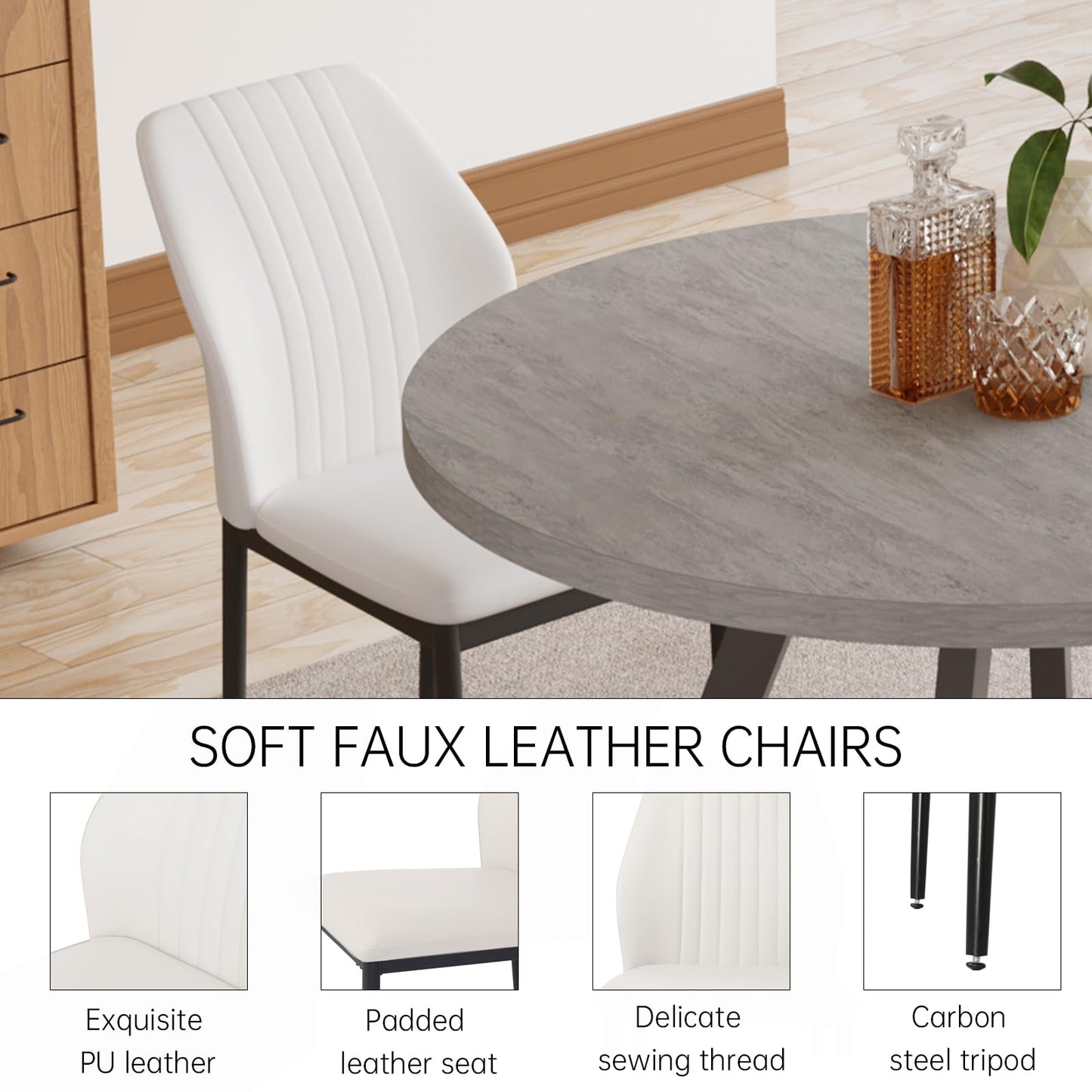 Zerifevni 34.6'' Round Dining Table and Chairs for 4, Mid Century Modern Round Table Set, Space Saving for Apartment Kitchen Dining Room (Grey Table+4 White Chairs)