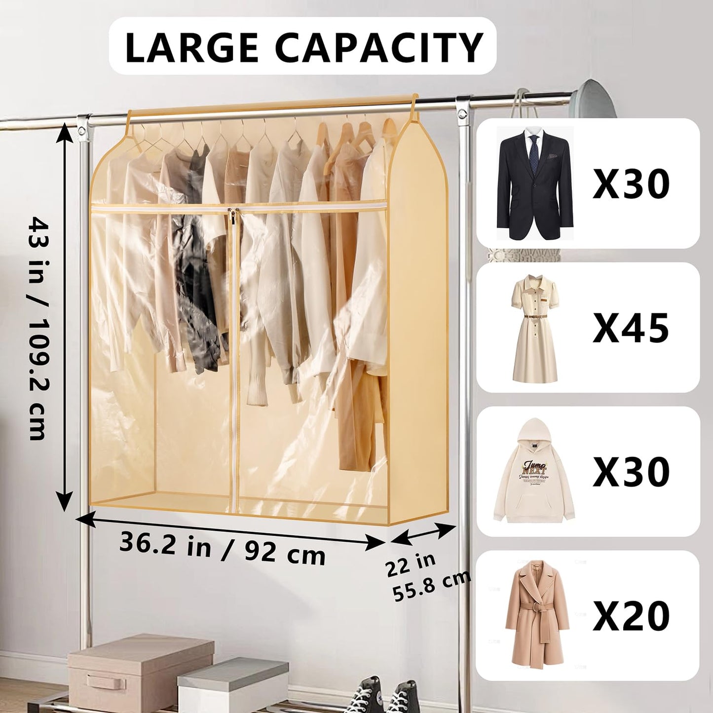 TEMUORG Garment Bags for Hanging Clothes Storage Closet Garment Rack Cover Dust Proof Coat Protector for Suits Jackets with Large Clear Window (Beige)