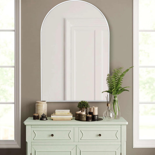 White Arched Wall Mirror 24 x 36 Inch, Modern White Wood Framed Arch Bathroom Mirror with Tempered Glass for Bathroom, Bedroom or Entryway