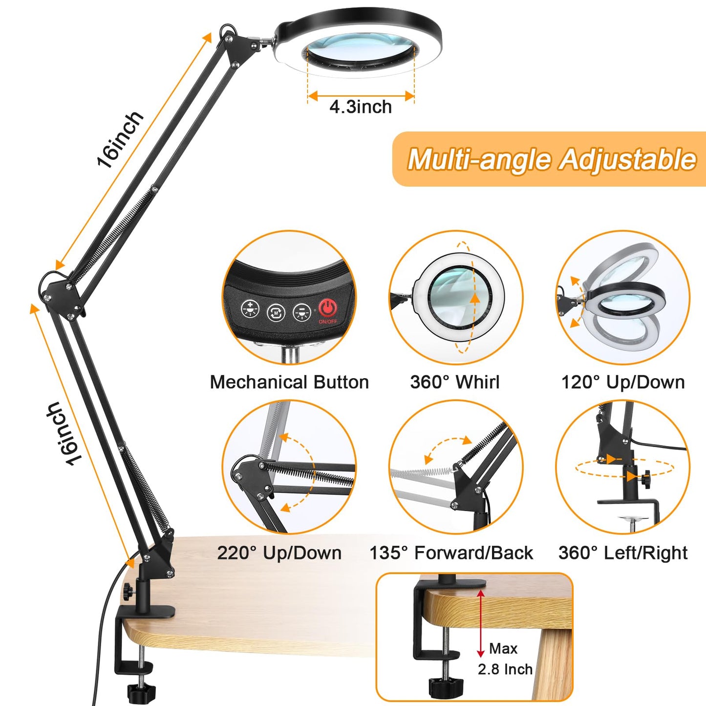 10X Large Magnifying Glass with Light and Stand, KRSTLV 2 x 16 Inch Adjustable Swivel Arm LED Desk Lamp with Clamp, 5 Color Modes Stepless Dimmable, Lighted Magnifier Hands Free for Close Work, Hobby