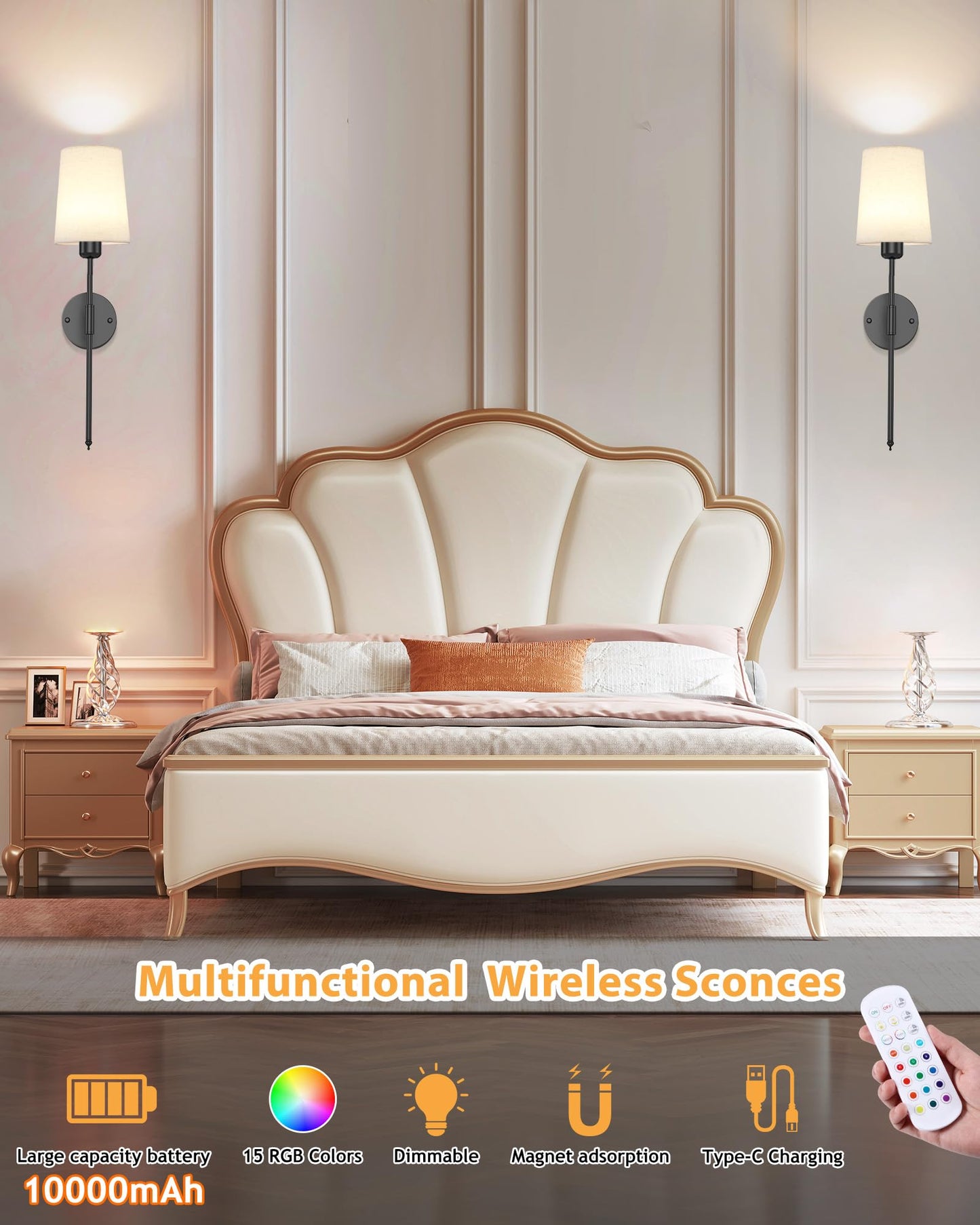10000mAh Battery Operated Wall Sconces Set of Two, Wireless Wall Sconce with Rechargeable Bulbs and Remote,15 Colors & Dimmable,Black Sconces Wall Decor Set of 2 for Bedroom Living Room Hallway