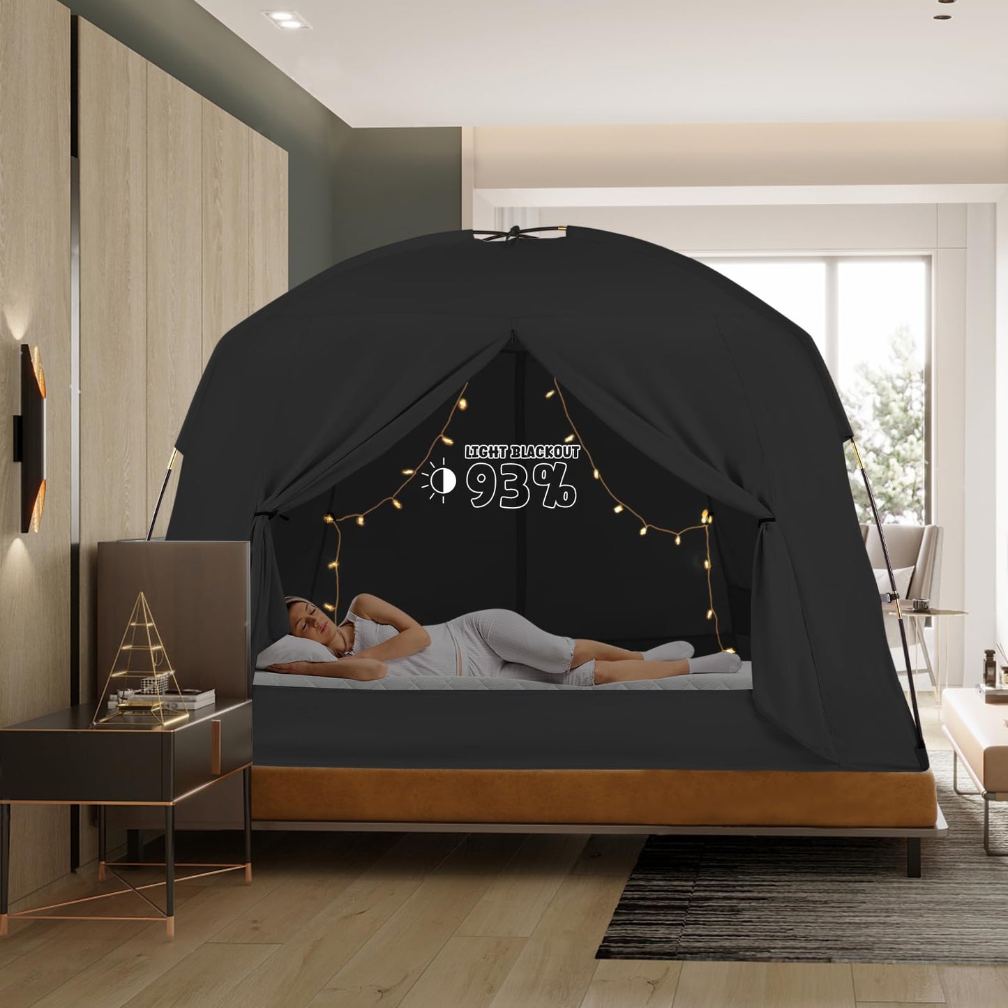 Bed Tents for Kids and Adult, Portable 100% Breathable and 93% Blackout Toddler Dream Play Tent, 3 Doors Big Privacy Space Sleeping Canopy for Floor or Twin Full Queen Sizes Bed (Black, Twin-Size)