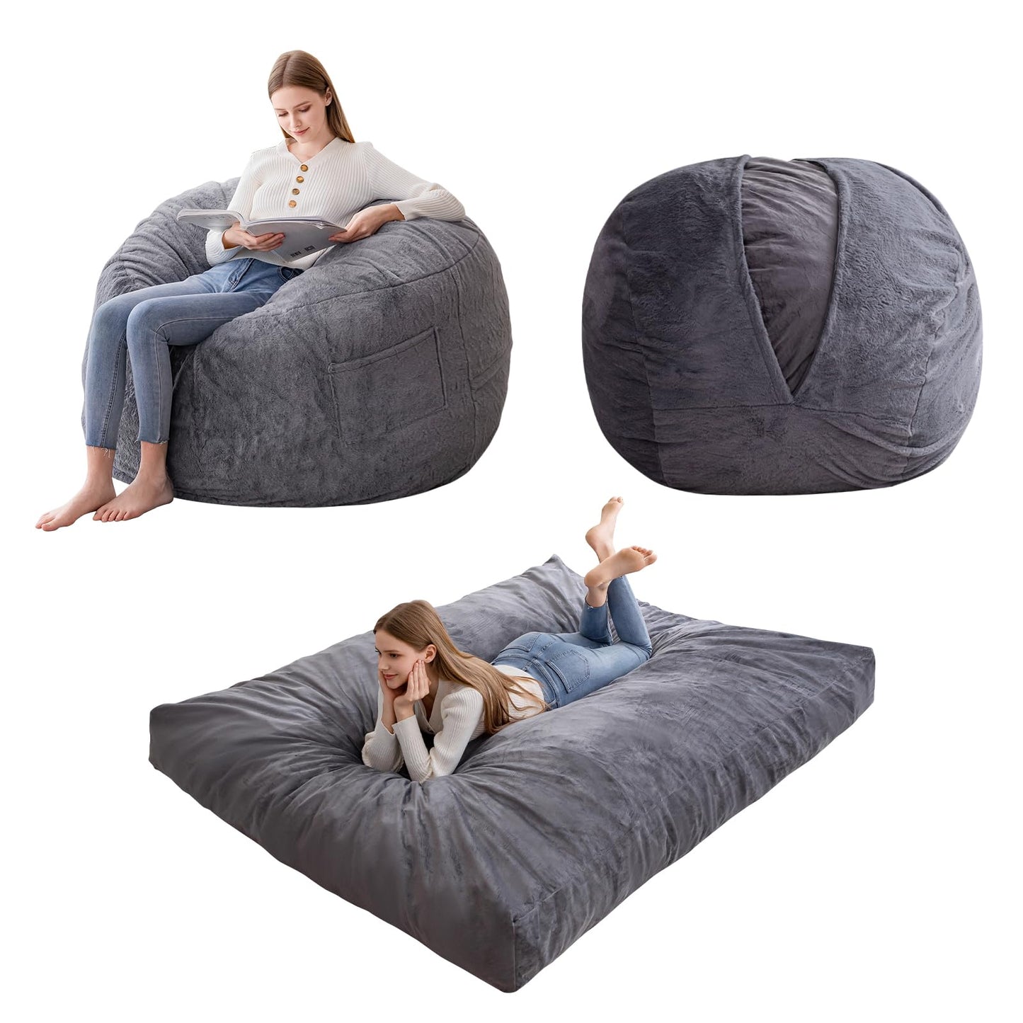 HIGOGOGO Giant Bean Bag Chair Bed for Adults,Convertible Beanbag Folds from Lazy Chair to Floor Mattress Bed,Large Floor Sofa Couch with High-Density Foam Filling, Machine Washable, Dark Grey