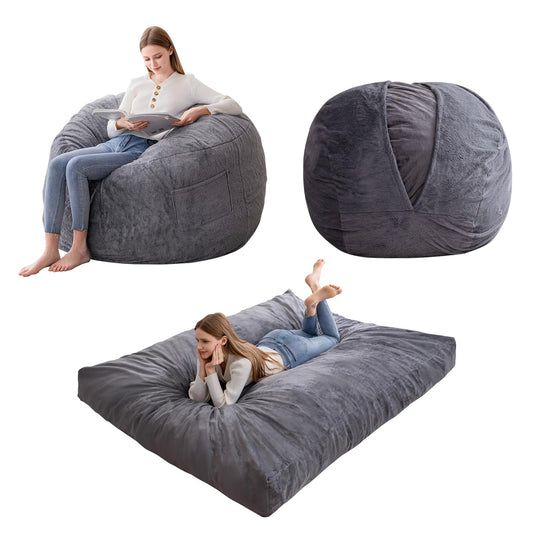 HIGOGOGO Giant Bean Bag Chair Bed for Adults,Convertible Beanbag Folds from Lazy Chair to Floor Mattress Bed,Large Floor Sofa Couch with High-Density Foam Filling, Machine Washable, Dark Grey