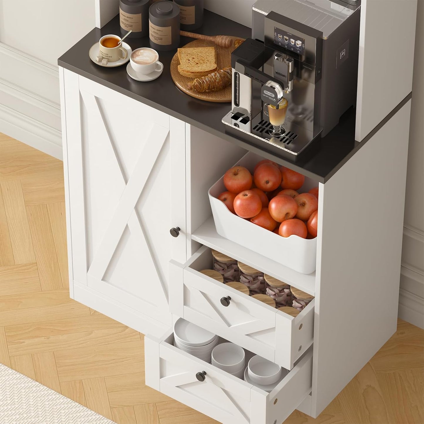 71" Tall Coffee Bar Cabinet with Storage Hutch, Farmhouse Kitchen Pantry Cabinet with LED Lights Microwave Stand and Glass Holder for Home Dining Room Kitchen,White