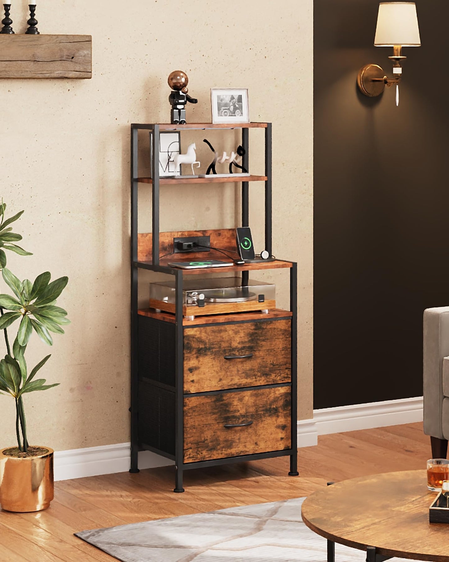 WLIVE Nightstand Set of 2 with Charging Station, LED Night Stand Sets with 2 Drawers and 4 Storage Open Shelves, Fabric Dressers for Bedroom, Rustic Brown