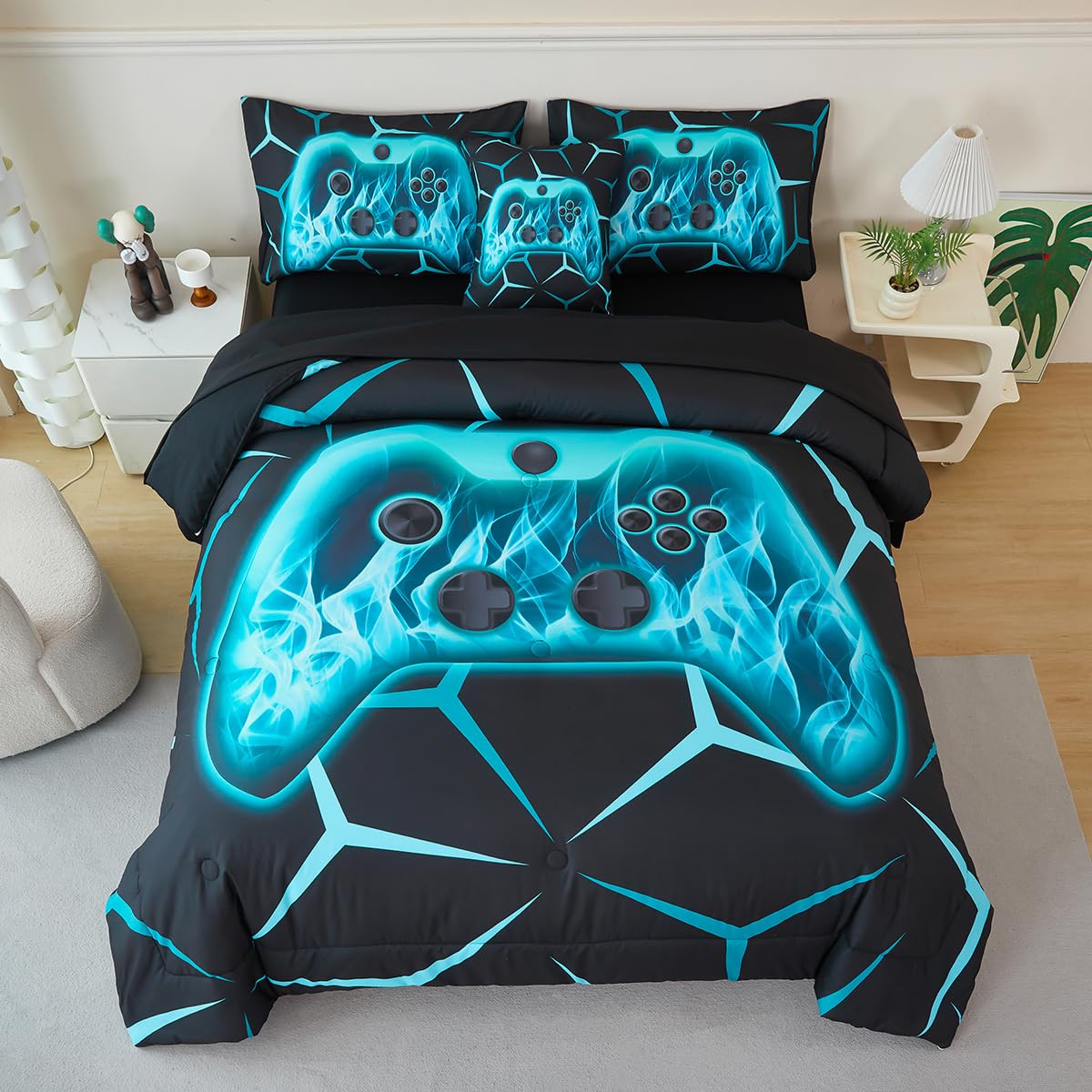 ZSYAYAHA Gamer Twin Bedding Set for Boys 6 Pieces Gamepad Comforter Set for Kids Teens Black Aqua Bed in A Bag 3D Geometric Video Gaming Bed Sets with Sheets(Aqua, Twin)