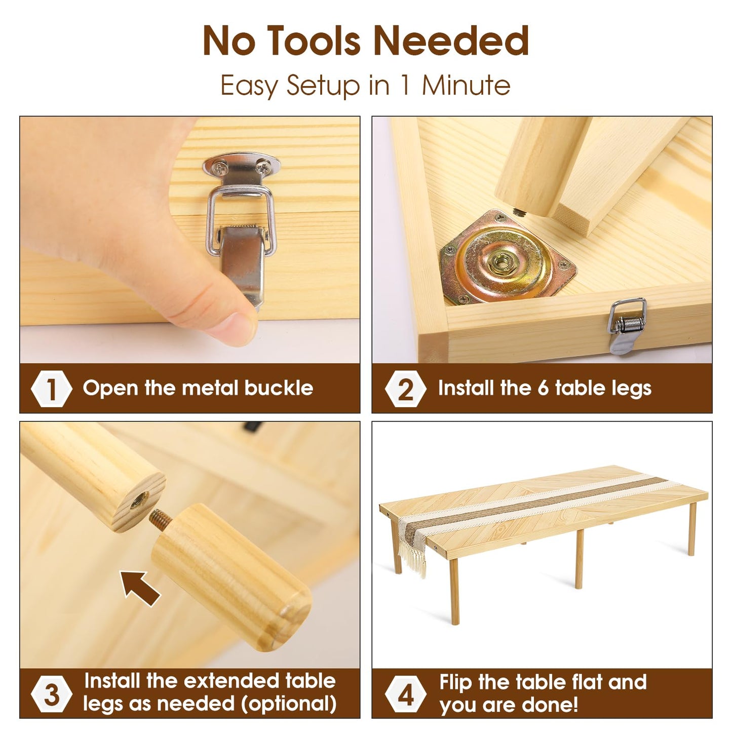 Folding Picnic Table with Table Runner, Portable Boho Low Picnic Table for Indoor Outdoor, 60" x 30" Wooden Table with Adjustable Heights for Camping, Wedding, Beach, Garden, Party(Large Size for 6)