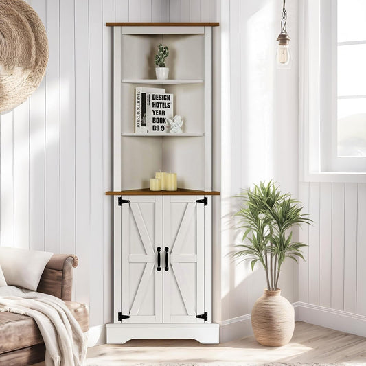 4 EVER WINNER Tall Corner Cabinet with Barn Door and Adjustable Shelves, 5-Tier Corner Shelves for Small Space, Living Room, Hallway, Bathroom, White