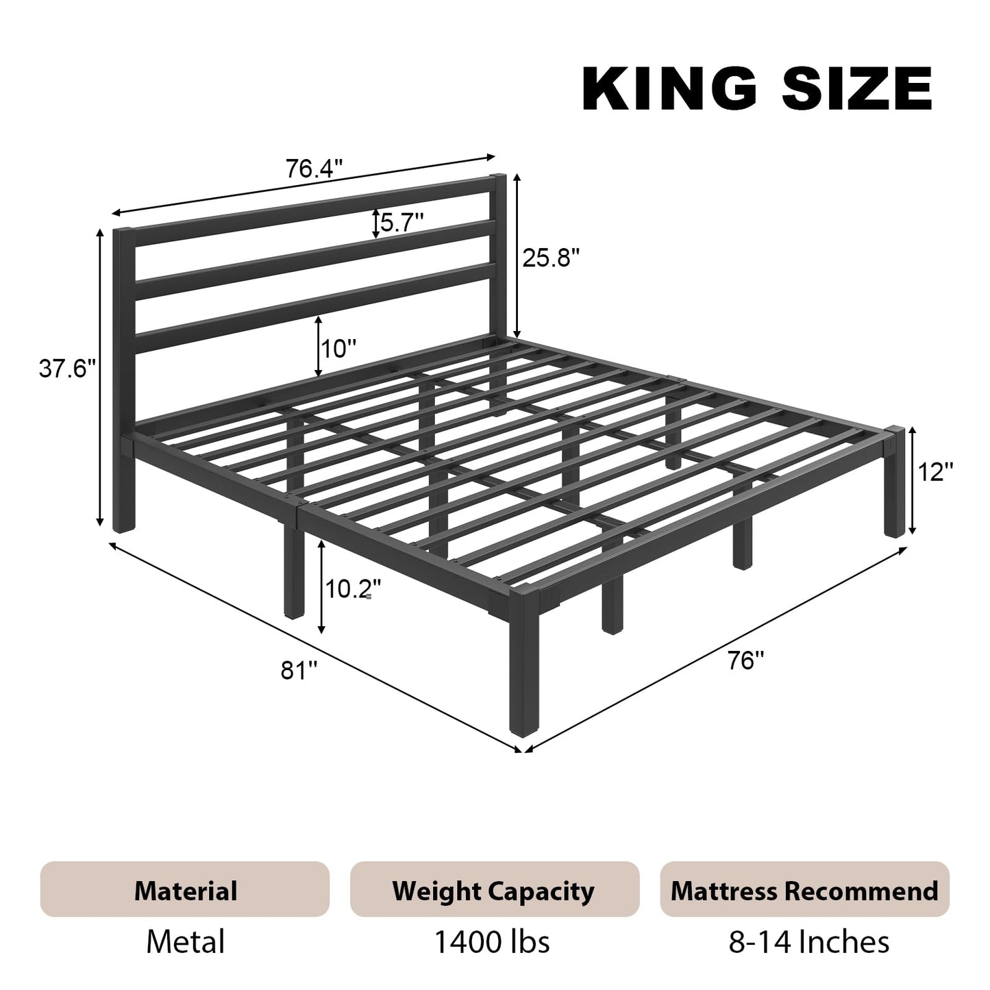 E-Motie King Size Bed Frame, Metal Platform Bed Frame with Headboard, Mattress Foundation with Spacious Underbed Storage, No Box Spring Needed, Easy Assembly, Modern, Black