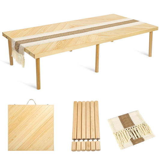 Folding Picnic Table with Table Runner, Portable Boho Low Picnic Table for Indoor Outdoor, 60" x 30" Wooden Table with Adjustable Heights for Camping, Wedding, Beach, Garden, Party(Large Size for 6)