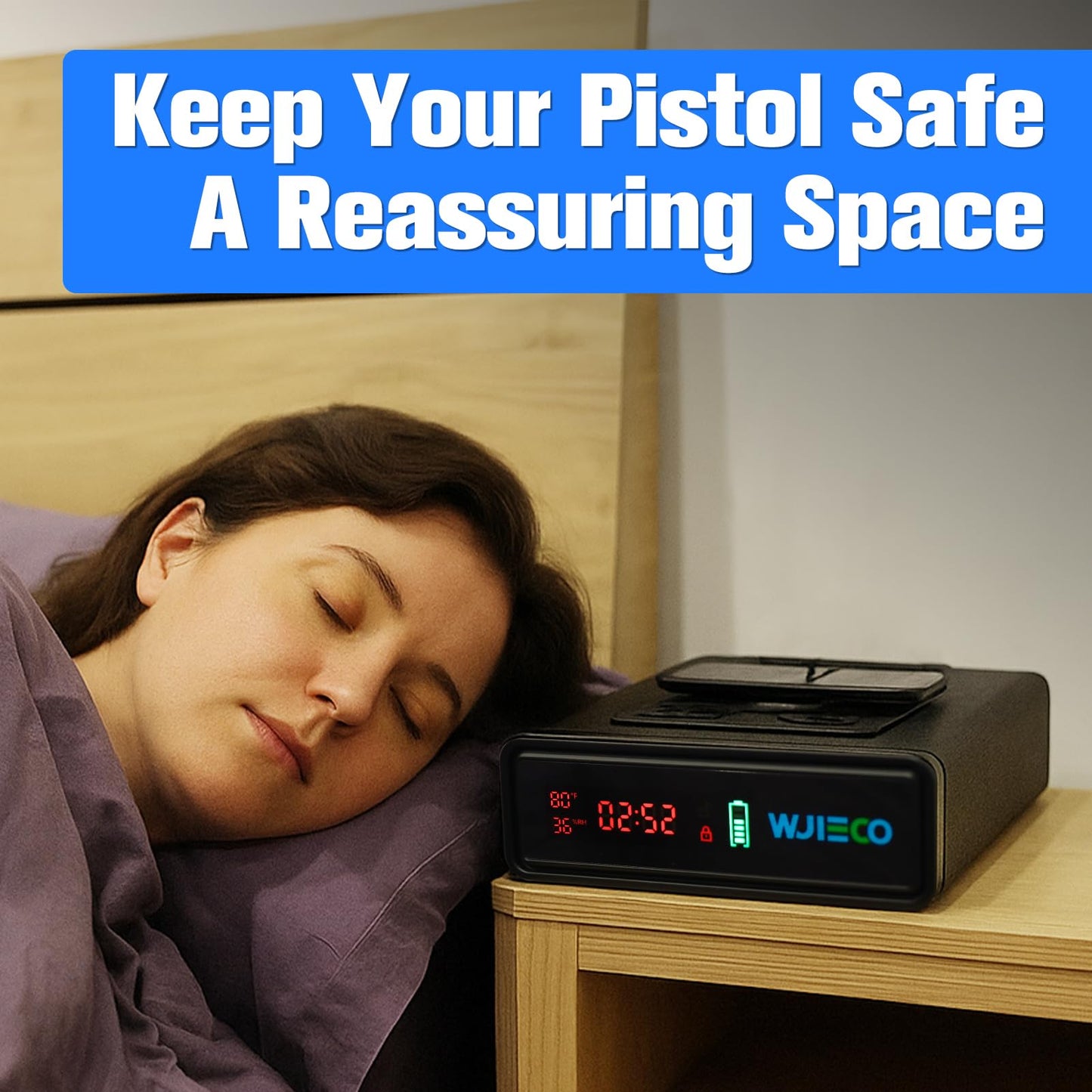 WJIECO Biometric Smart Gun Safe with Phone Charging for Handgun - Biometric Gun Safe 3 Ways Quick Access with Fingerprint/Keypad/Key Lock for Bedside Nightstand or Car with LCD