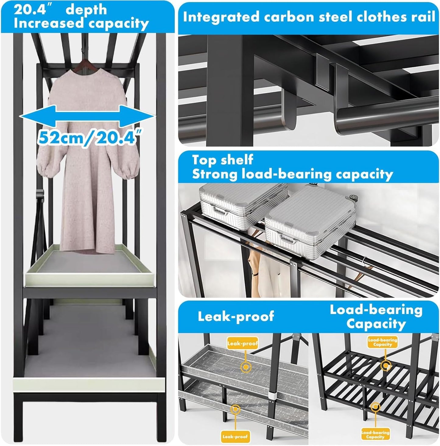FKKPRVAX Heavy Duty Portable Closet with Cover 1200Ibs Foldable Covered Clothes Rack for Hanging Armoire Wardrobe Closet System Freestanding Coat Storage Garment Racks (168cm/66in（Hazy Gray）)