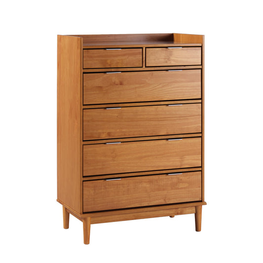 Walker Edison Blythe Mid-Century Modern Tray-Top Solid Wood 6-Drawer Dresser, 30 Inch, Caramel-T