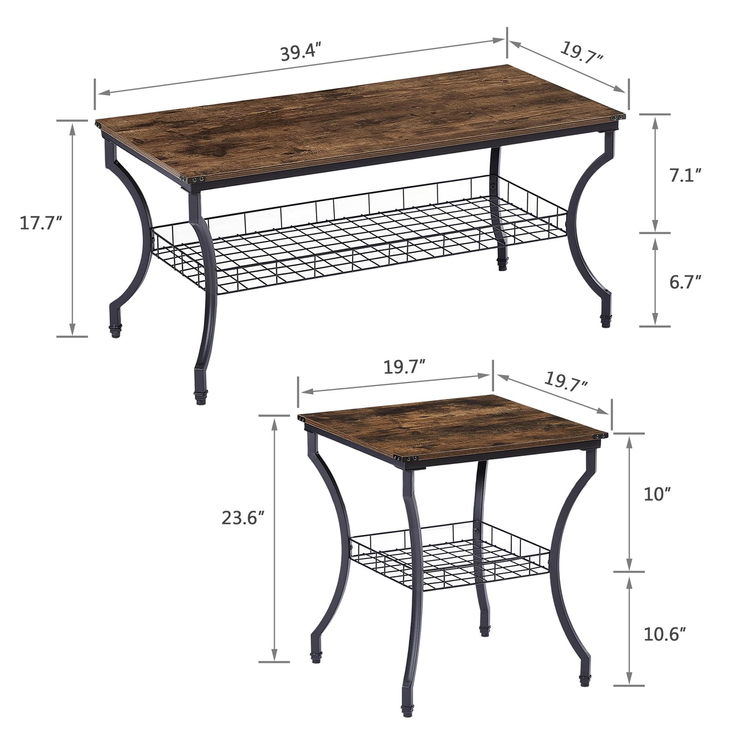 VECELO 3 Pieces Living Room Table Sets, Coffee and End Tables with Open Storage Shelves for Apartment, Home Office, Small Space, Easy Assembly, Brown